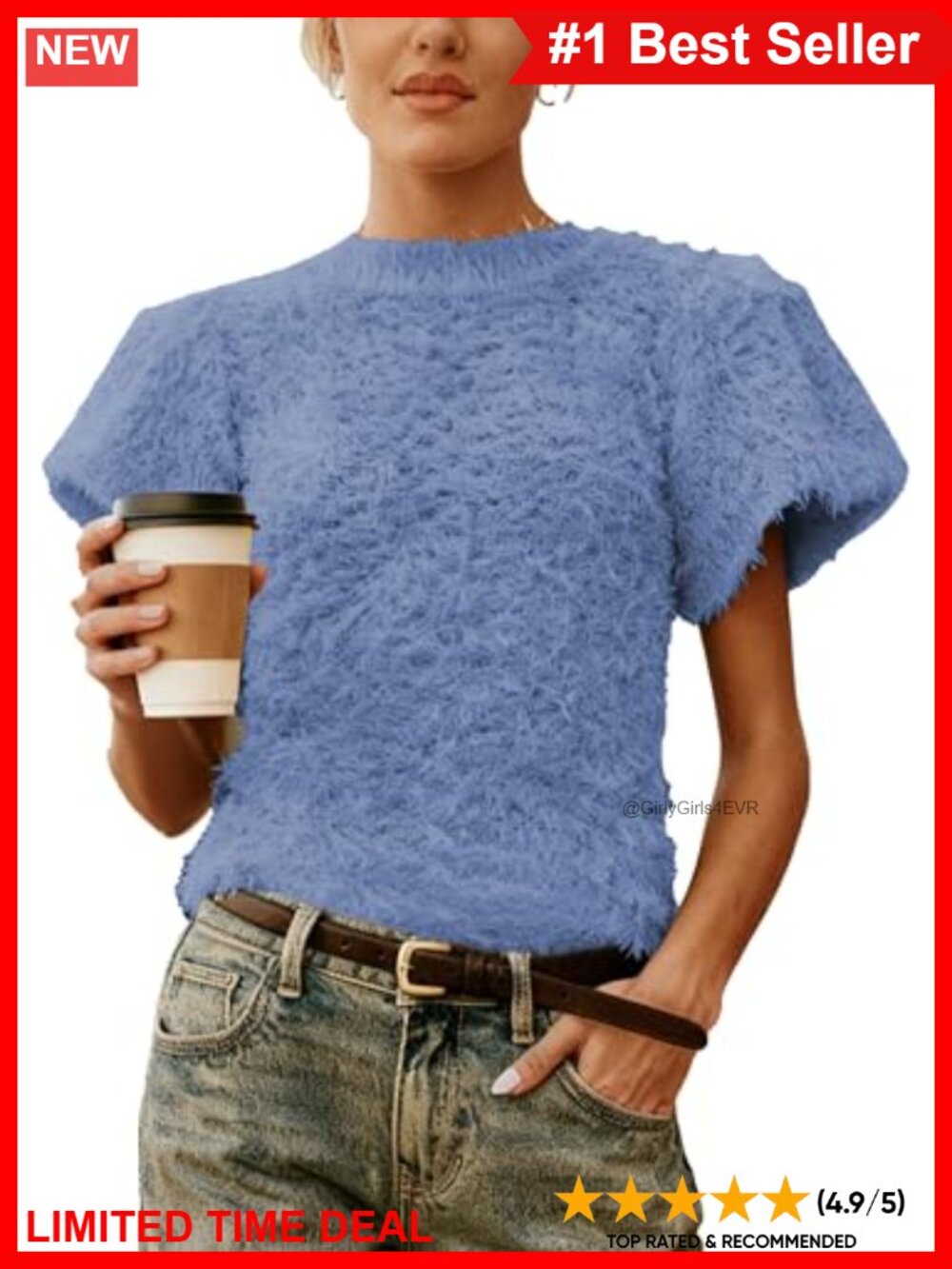 Fuzzy Knit Puff Sleeve Cropped Sweater Crew Neck Pullover Top